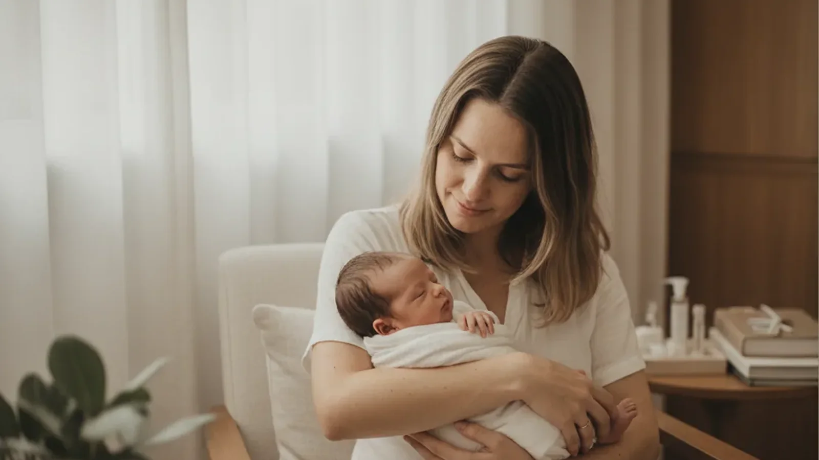 Mãe segurando bebê recém-nascido no colo, em ambiente acolhedor e com luz natural