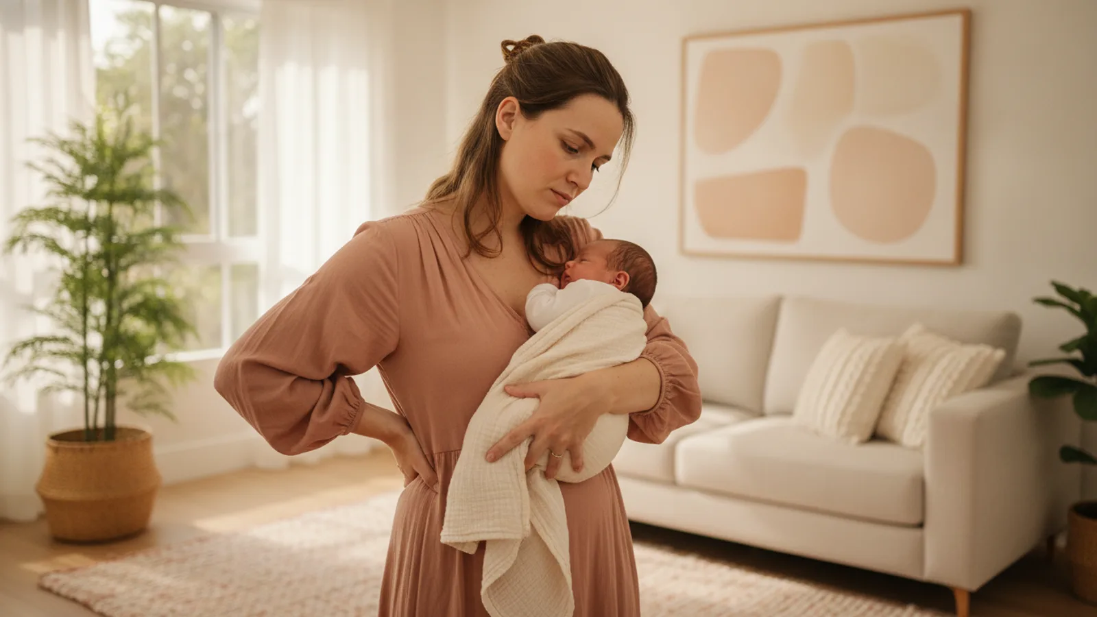 Mãe com o bebê no colo em casa, levando a mão à lombar com expressão de cansaço